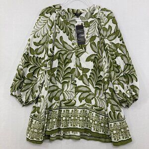 New Unique Spectrum size 2X Green White Leaf Artsy Split Neck Puff Sleeve Blouse